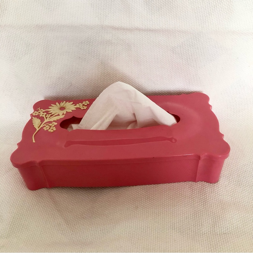 Vintage mid century 60's Plastic Pink Schwarz Bros Tissue Box Cover Floral - Picture 4 of 16